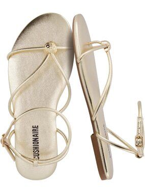 Women's Gold Strappy Flat Sandals Toe Ring Sandals with Adjustable Buckle